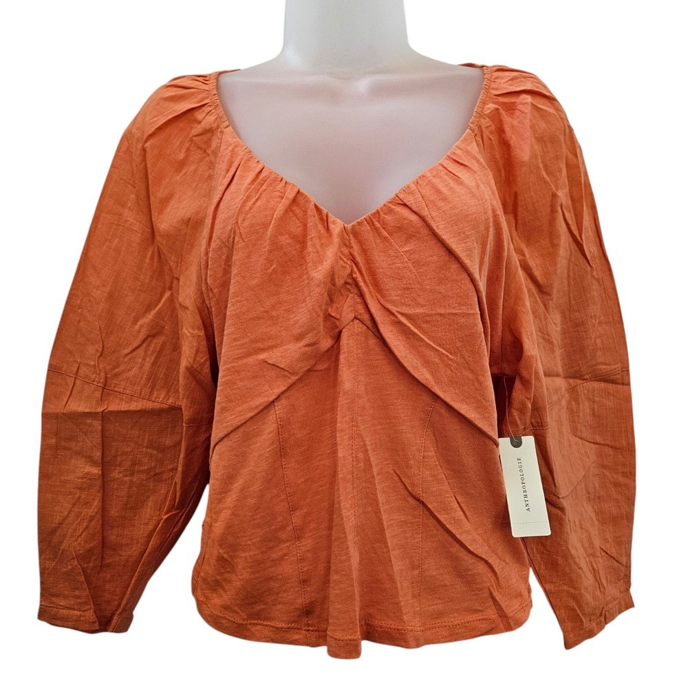 Anthropologie Top S Ruched Seamed V-Neck Lightweight Knit Boho Puff Sleeve NWT